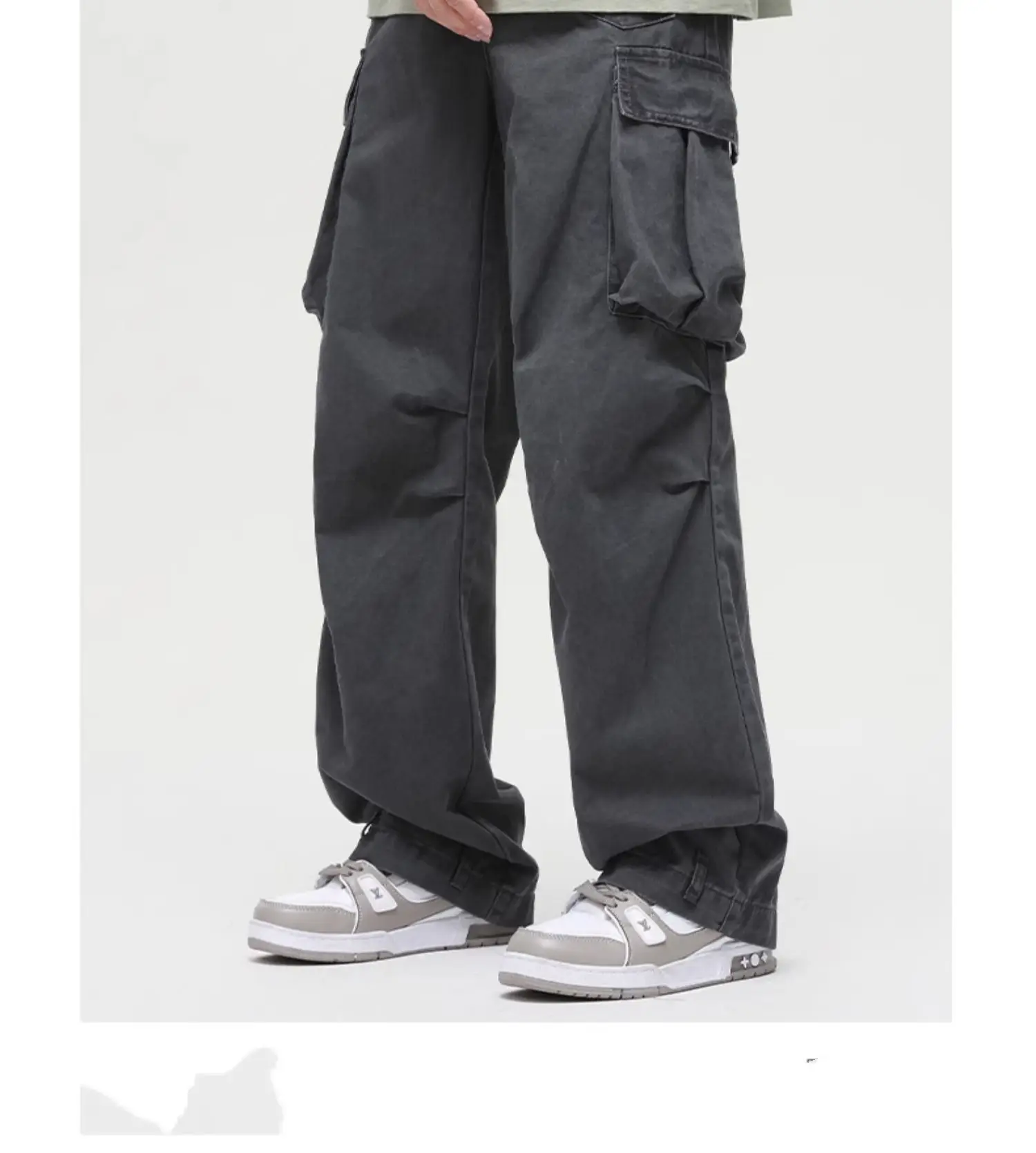 Men's Vintage Multi-Pocket Overalls Grey Loose Straight Pants — feature 4