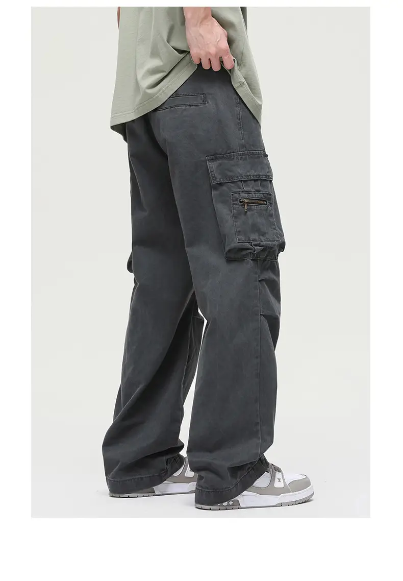 Men's Vintage Multi-Pocket Overalls Grey Loose Straight Pants — feature 5