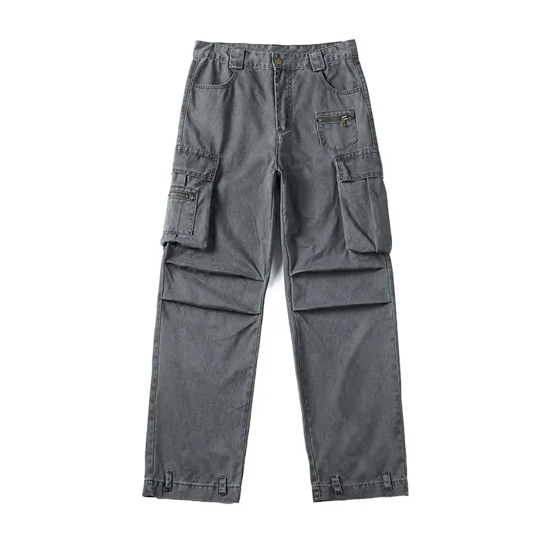 Men's Vintage Multi-Pocket Overalls Grey Loose Straight Pants - Image 2
