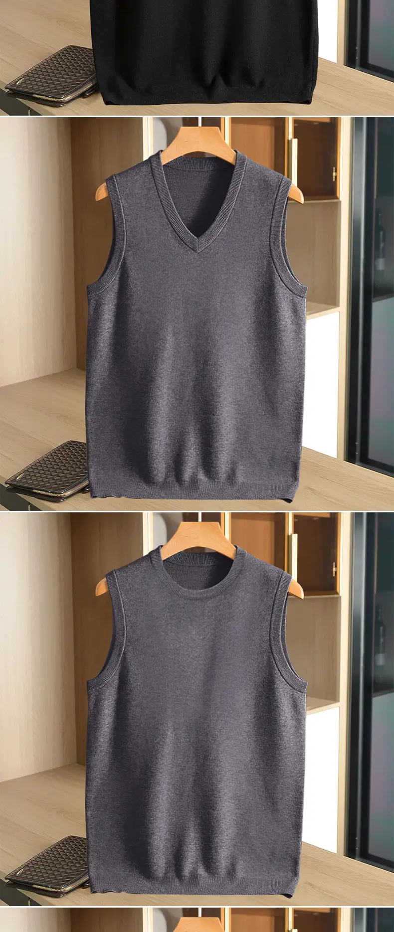Men V-Neck Sleeveless Vest Gray Solid — feature 8