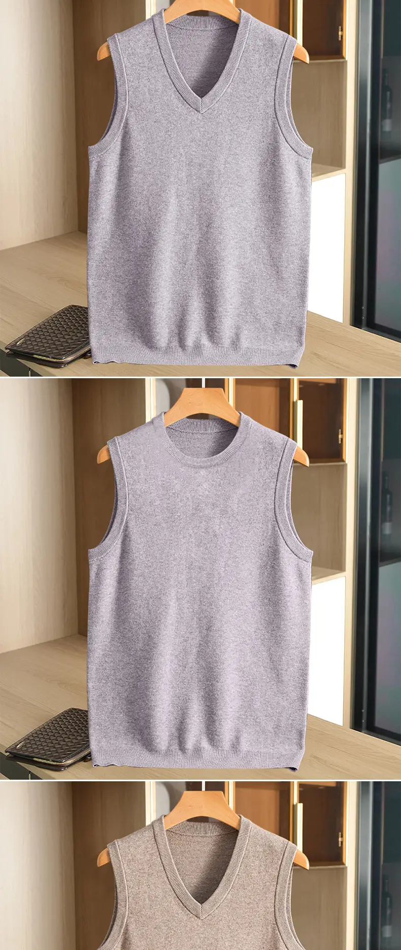Men V-Neck Sleeveless Vest Gray Solid — feature 9
