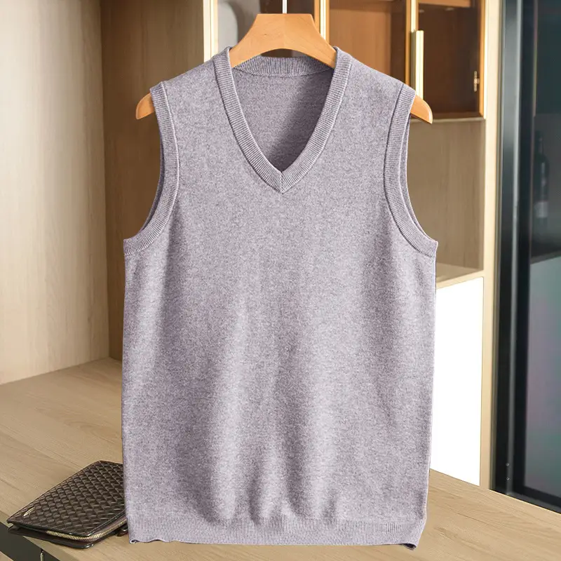 Men V-Neck Sleeveless Vest Gray Solid
