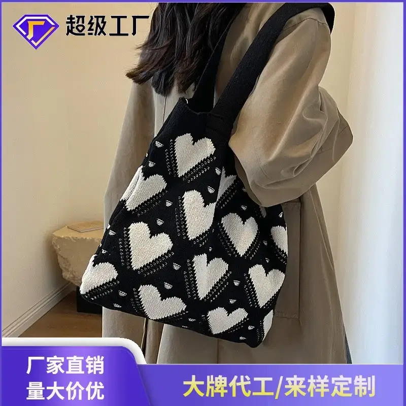 Women's Pink Heart Wool Knitted Shoulder Tote Bag - Image 7