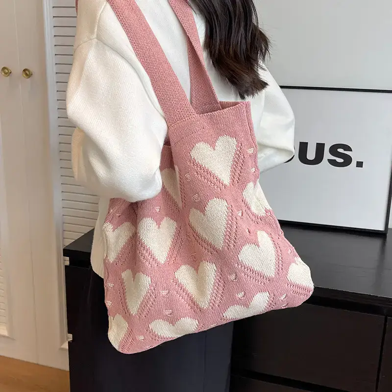 Women's Pink Heart Wool Knitted Shoulder Tote Bag - Image 9