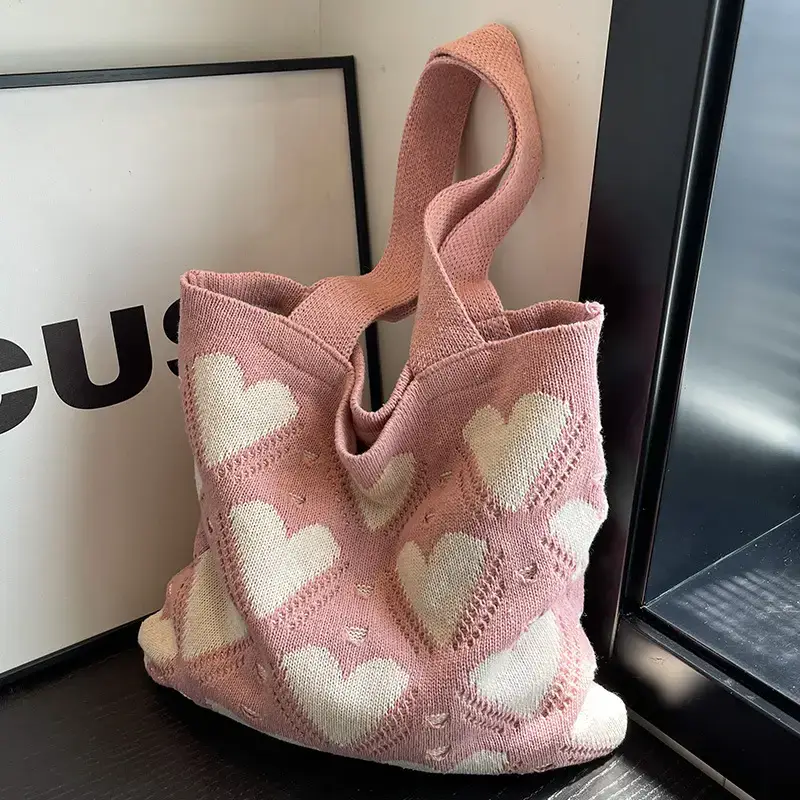 Women's Pink Heart Wool Knitted Shoulder Tote Bag - Image 10