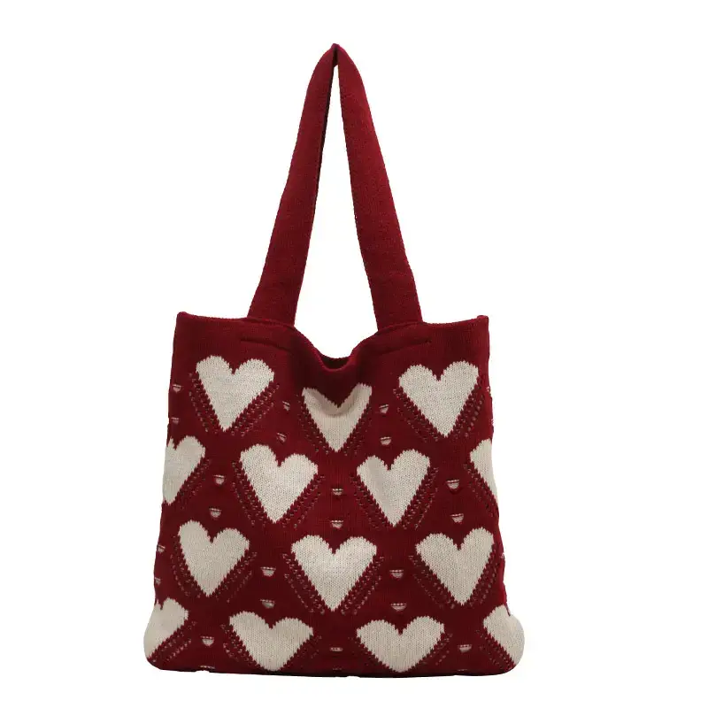 Women's Pink Heart Wool Knitted Shoulder Tote Bag - Image 11