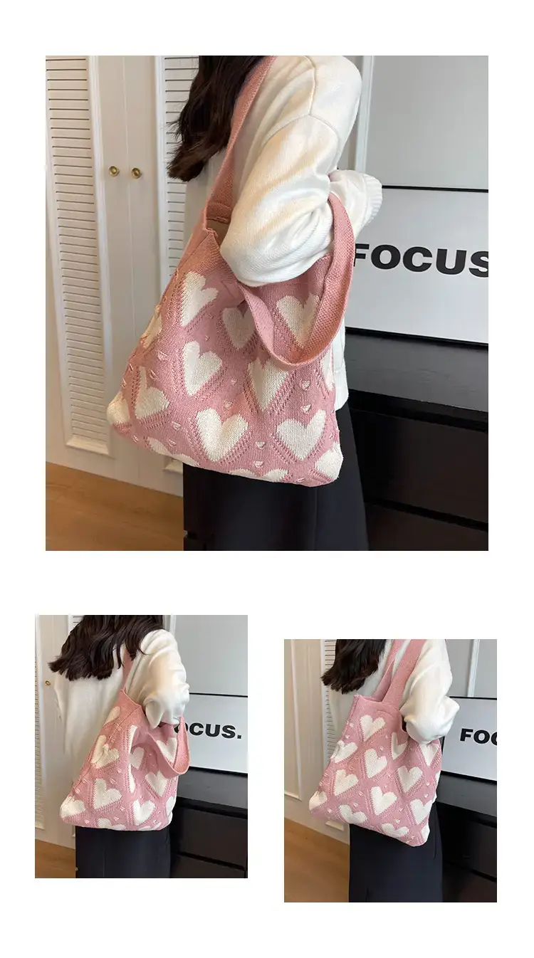 Women's Pink Heart Wool Knitted Shoulder Tote Bag — feature 10