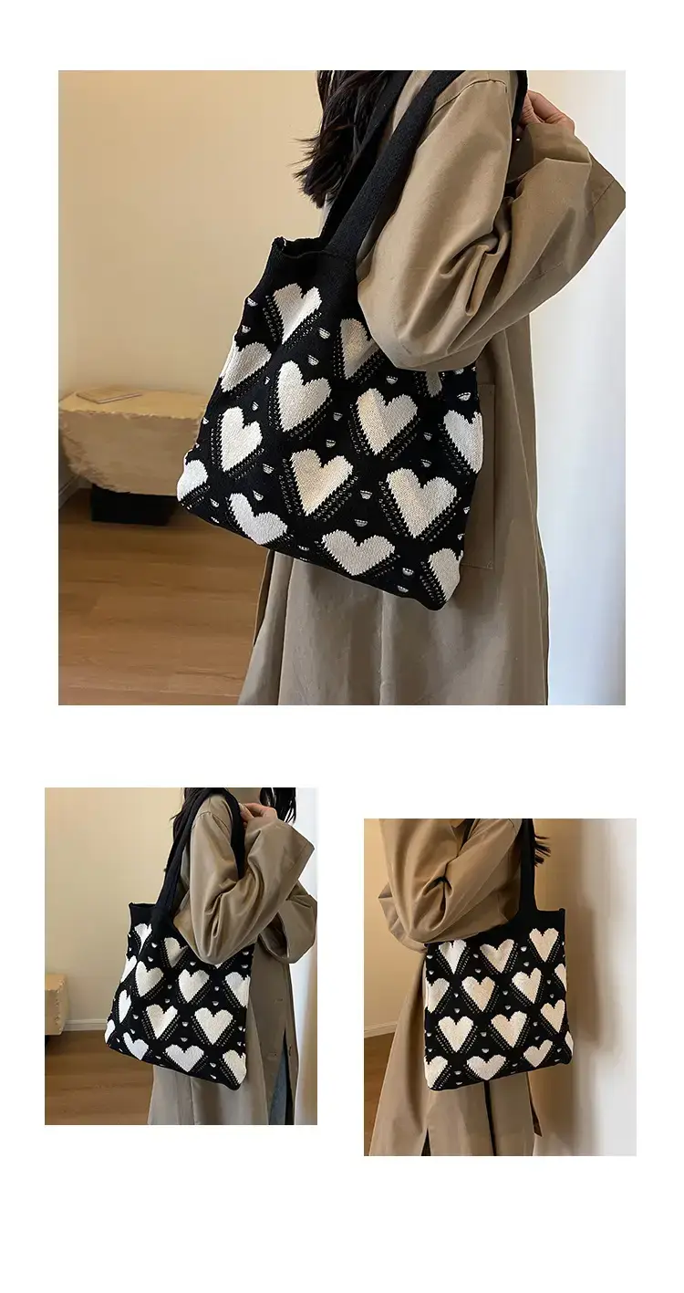 Women's Pink Heart Wool Knitted Shoulder Tote Bag — feature 12