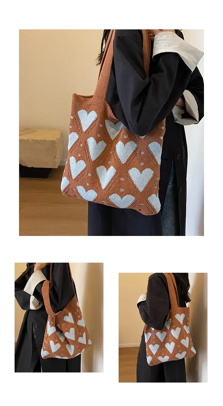 Women's Pink Heart Wool Knitted Shoulder Tote Bag — feature 13