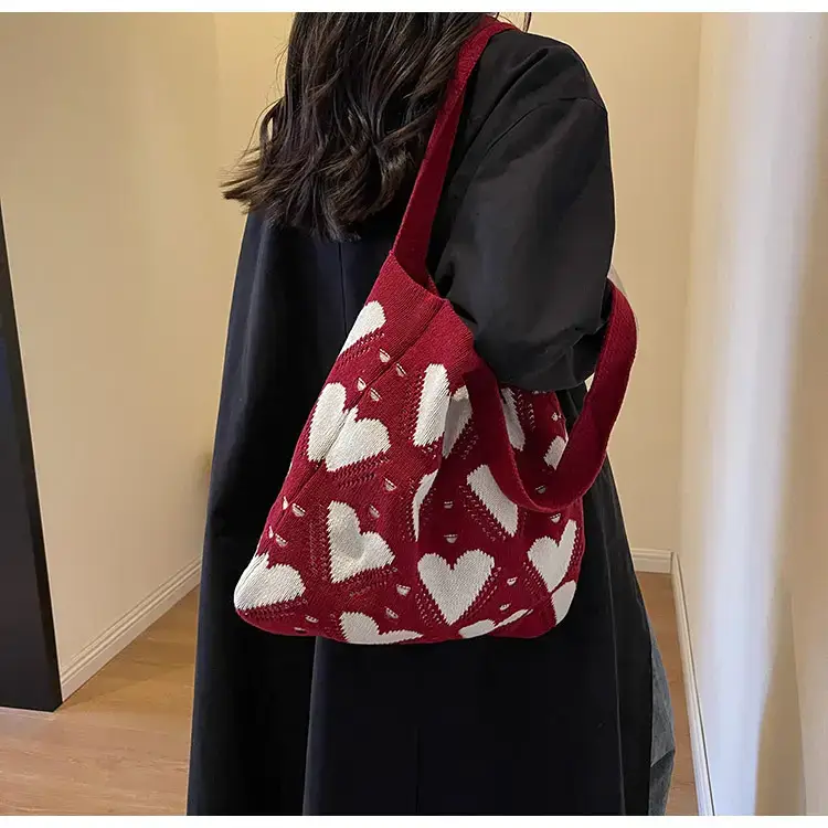Women's Pink Heart Wool Knitted Shoulder Tote Bag — feature 14