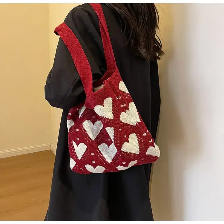Women's Pink Heart Wool Knitted Shoulder Tote Bag — feature 15