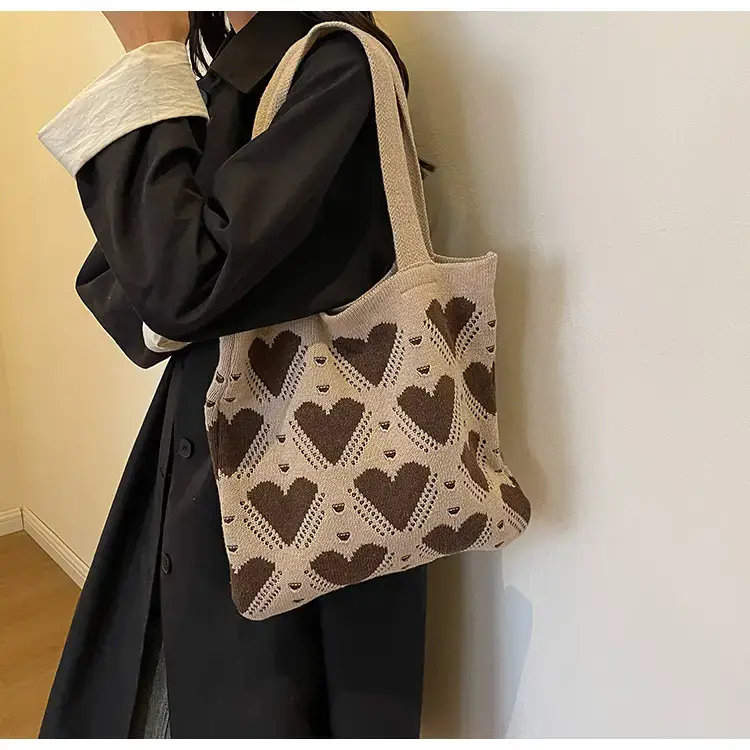 Women's Pink Heart Wool Knitted Shoulder Tote Bag — feature 17