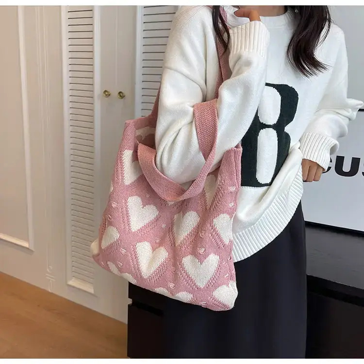 Women's Pink Heart Wool Knitted Shoulder Tote Bag — feature 18