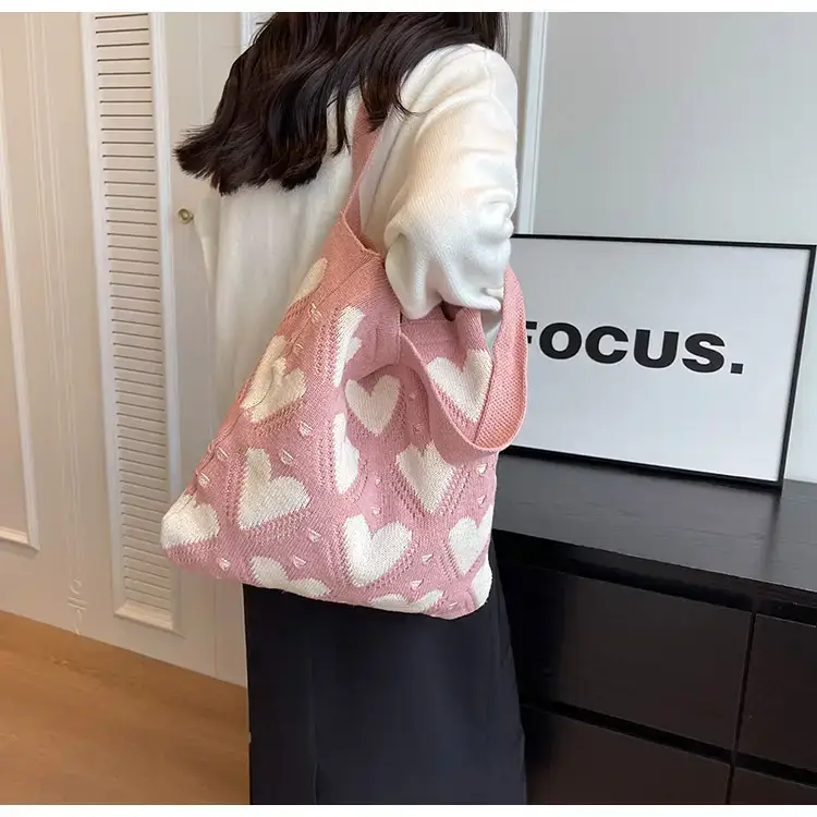 Women's Pink Heart Wool Knitted Shoulder Tote Bag — feature 19