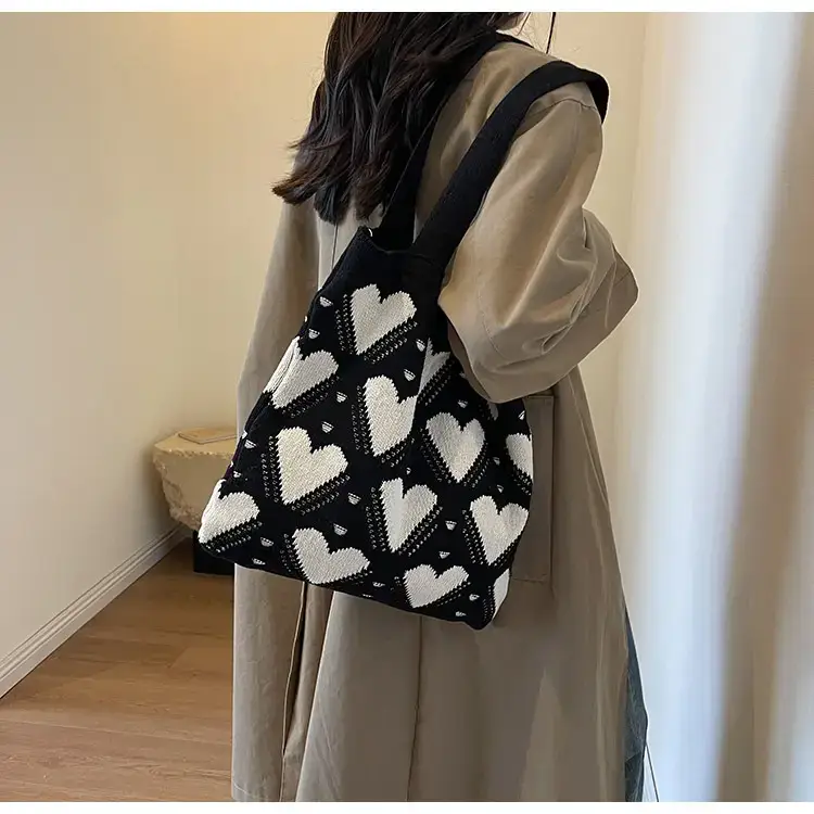 Women's Pink Heart Wool Knitted Shoulder Tote Bag — feature 22