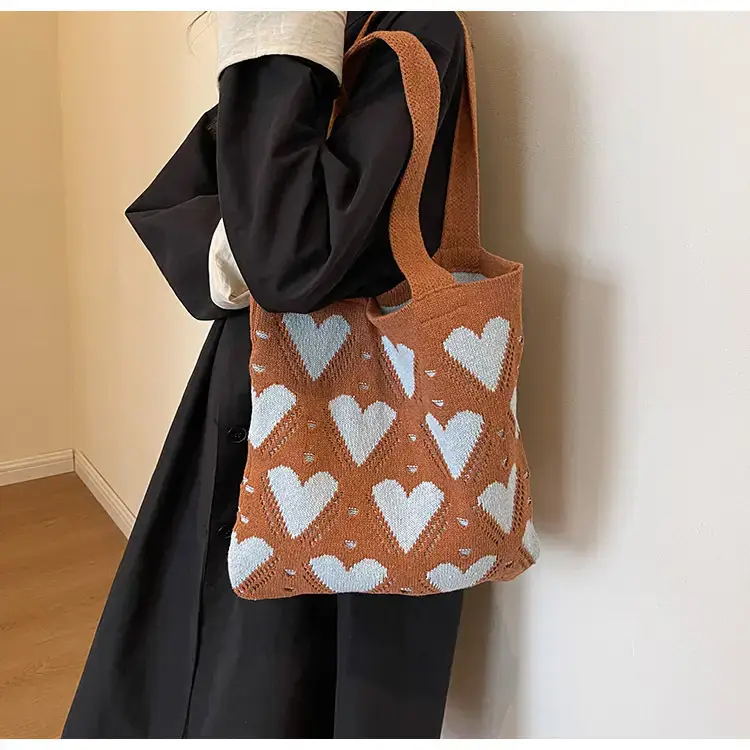 Women's Pink Heart Wool Knitted Shoulder Tote Bag — feature 25