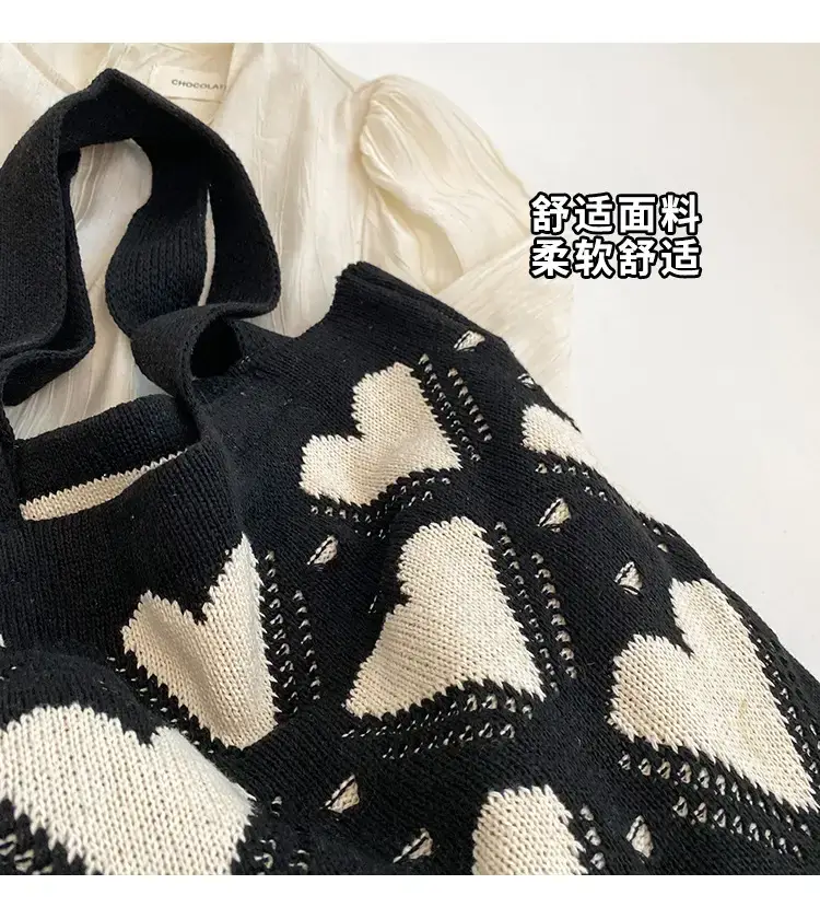 Women's Pink Heart Wool Knitted Shoulder Tote Bag — feature 3