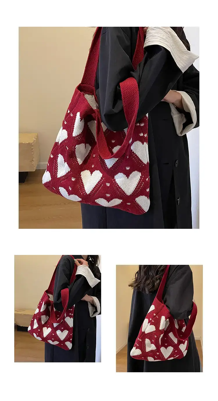 Women's Pink Heart Wool Knitted Shoulder Tote Bag — feature 8