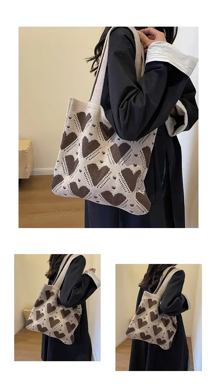 Women's Pink Heart Wool Knitted Shoulder Tote Bag — feature 9