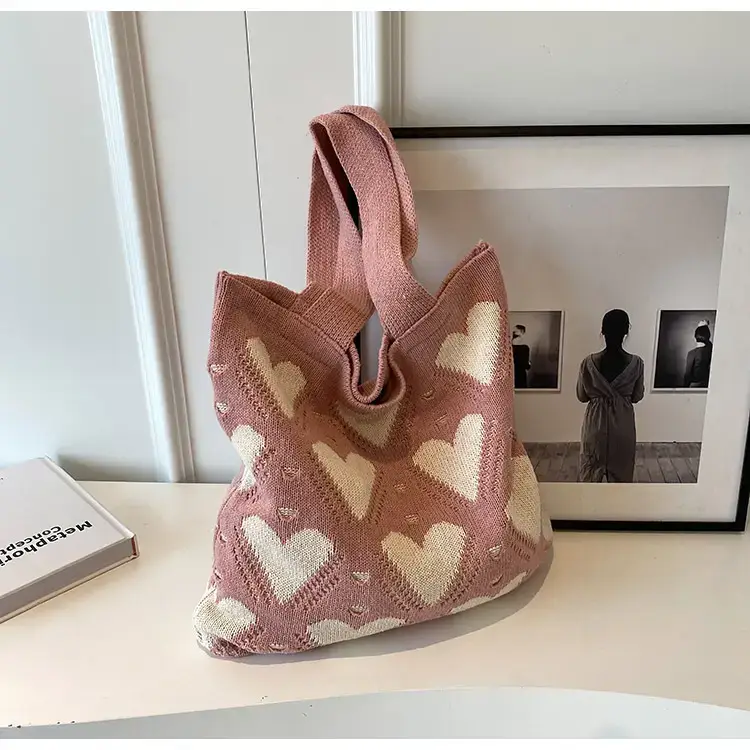 Women's Pink Heart Wool Knitted Shoulder Tote Bag - Image 3