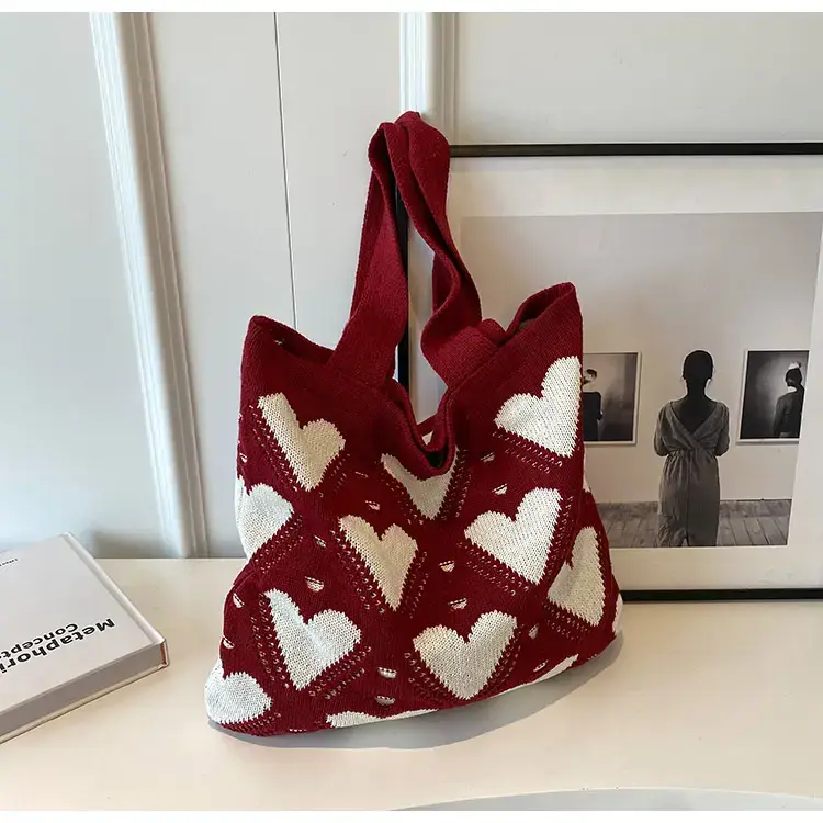 Women's Pink Heart Wool Knitted Shoulder Tote Bag - Image 4