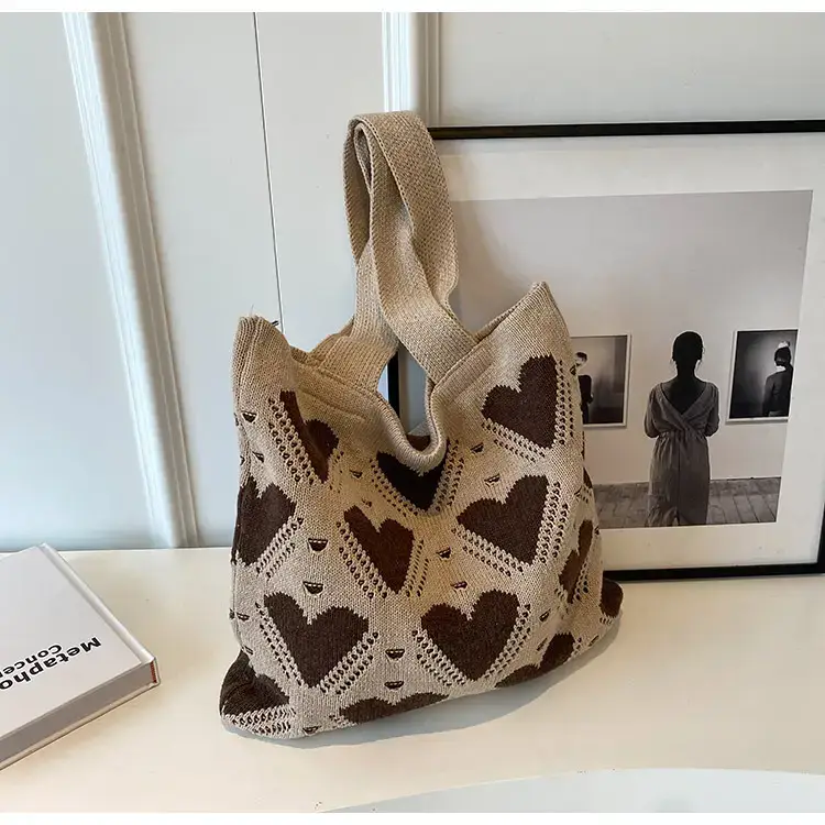Women's Pink Heart Wool Knitted Shoulder Tote Bag - Image 6
