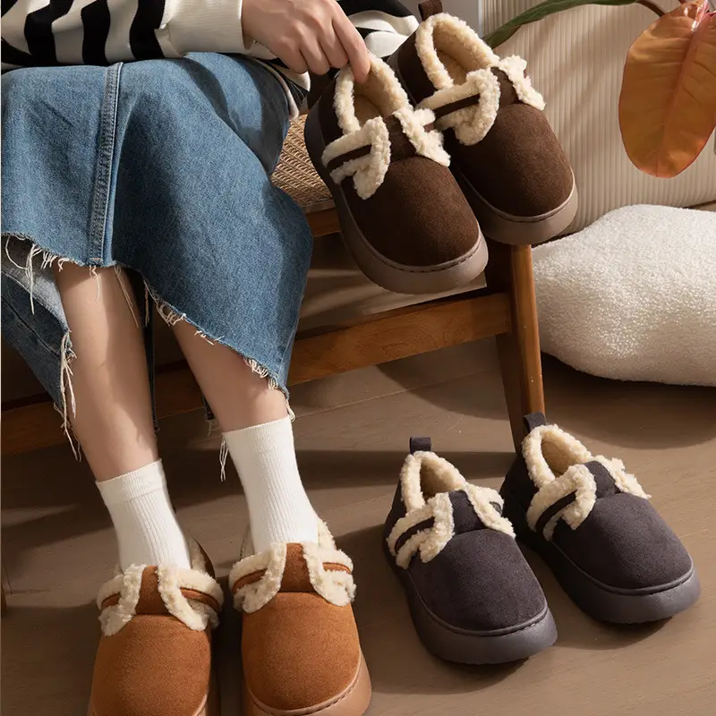 Cotton-padded shoes women's autumn and winter lambswool bread shoes thick bottom fleece-lined non-slip shit feeling home indoor warm heel slippers