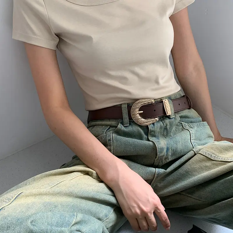 Brown Leather Belt with Gold Buckle for Women - Image 3