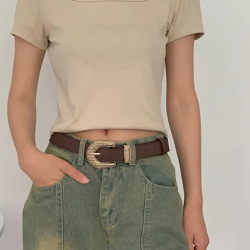Brown Leather Belt with Gold Buckle for Women — feature 4