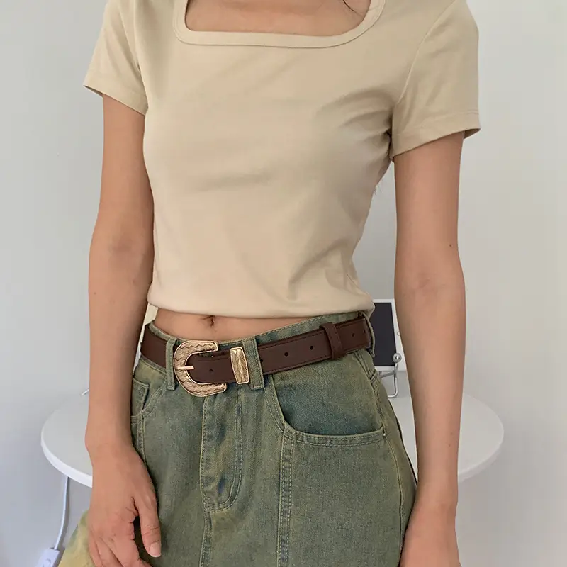 Brown Leather Belt with Gold Buckle for Women — feature 5