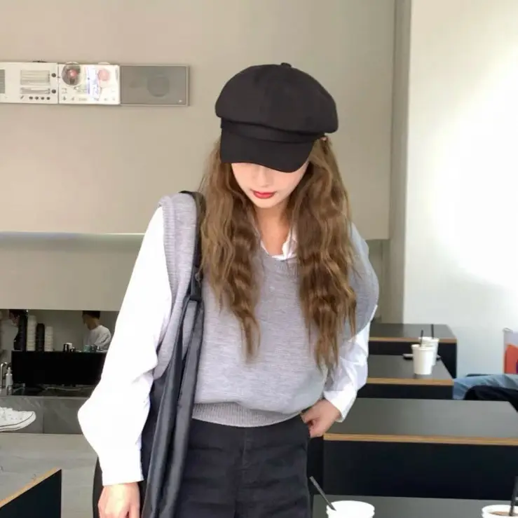 Women British Style Black Octagonal Beret Cap
