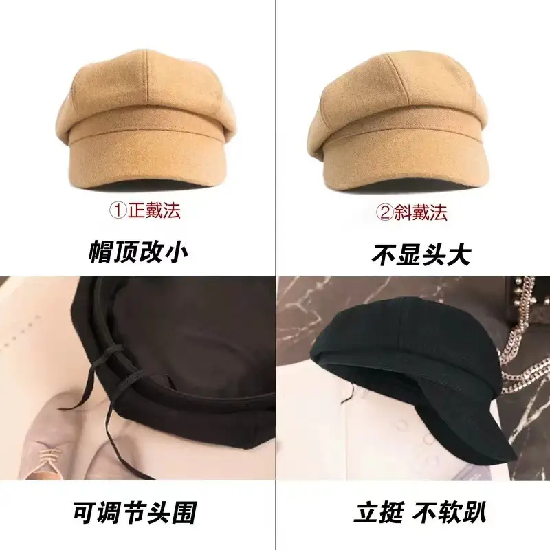 Women British Style Black Octagonal Beret Cap