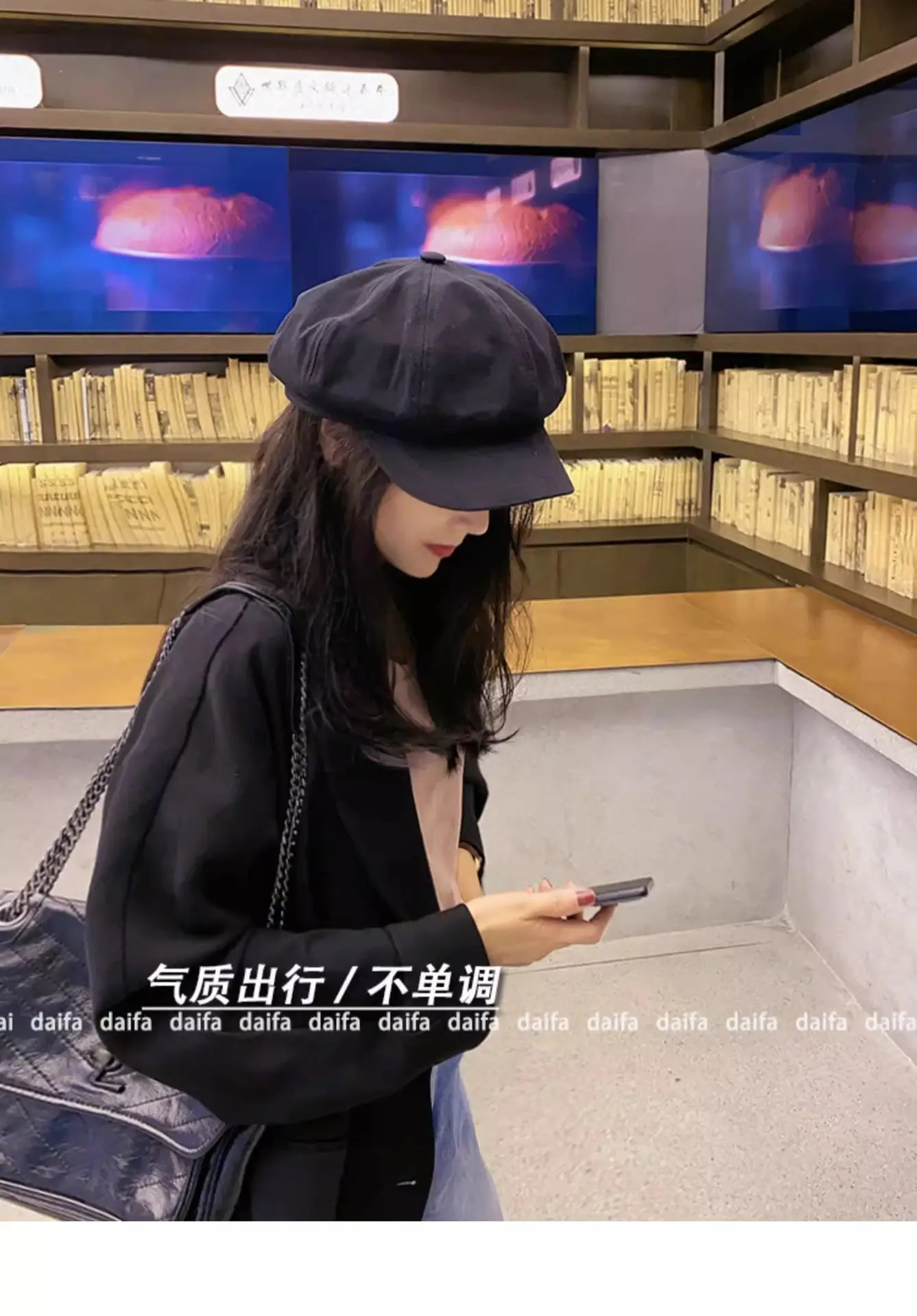 Women British Style Black Octagonal Beret Cap — feature 10