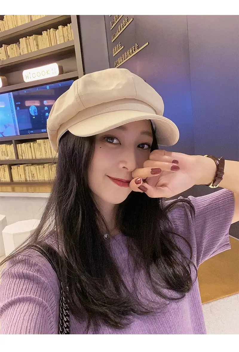 Women British Style Black Octagonal Beret Cap — feature 11