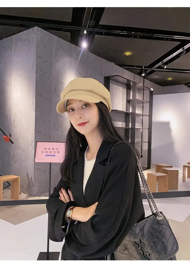 Women British Style Black Octagonal Beret Cap — feature 12