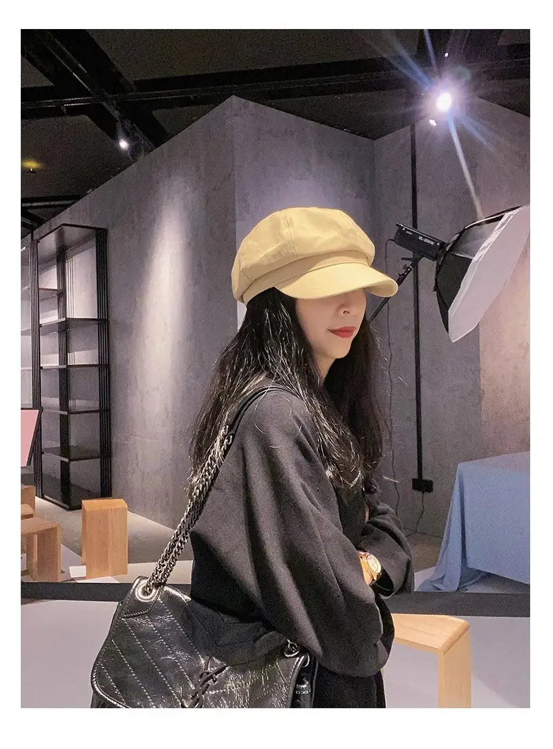 Women British Style Black Octagonal Beret Cap — feature 13