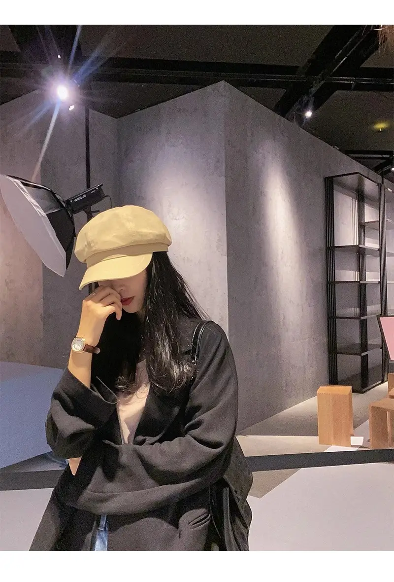 Women British Style Black Octagonal Beret Cap — feature 15
