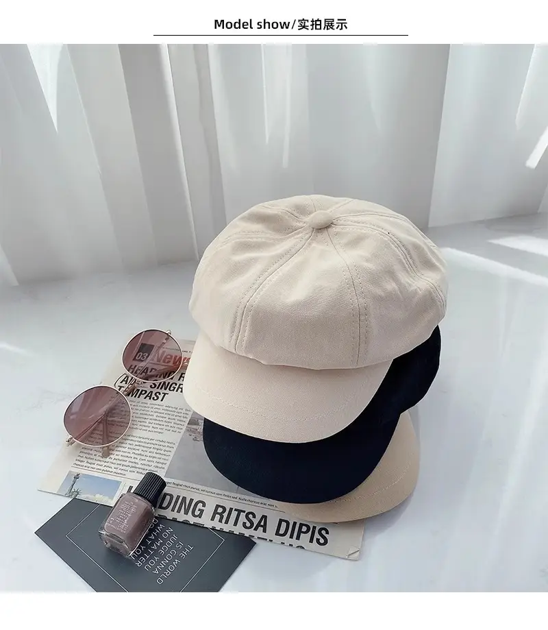 Women British Style Black Octagonal Beret Cap — feature 16