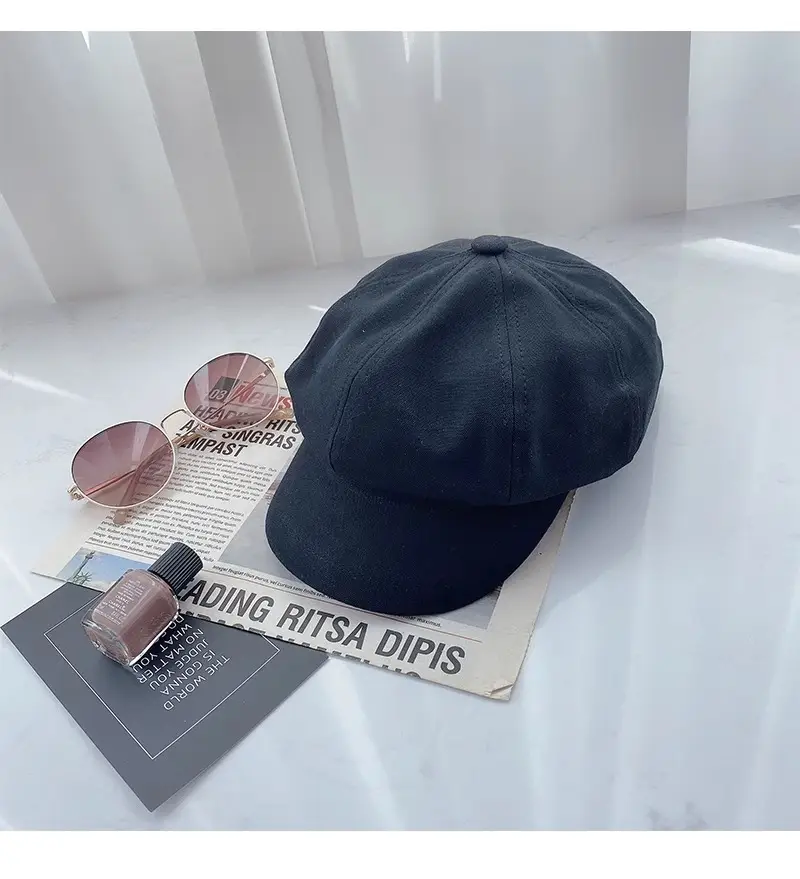 Women British Style Black Octagonal Beret Cap — feature 19