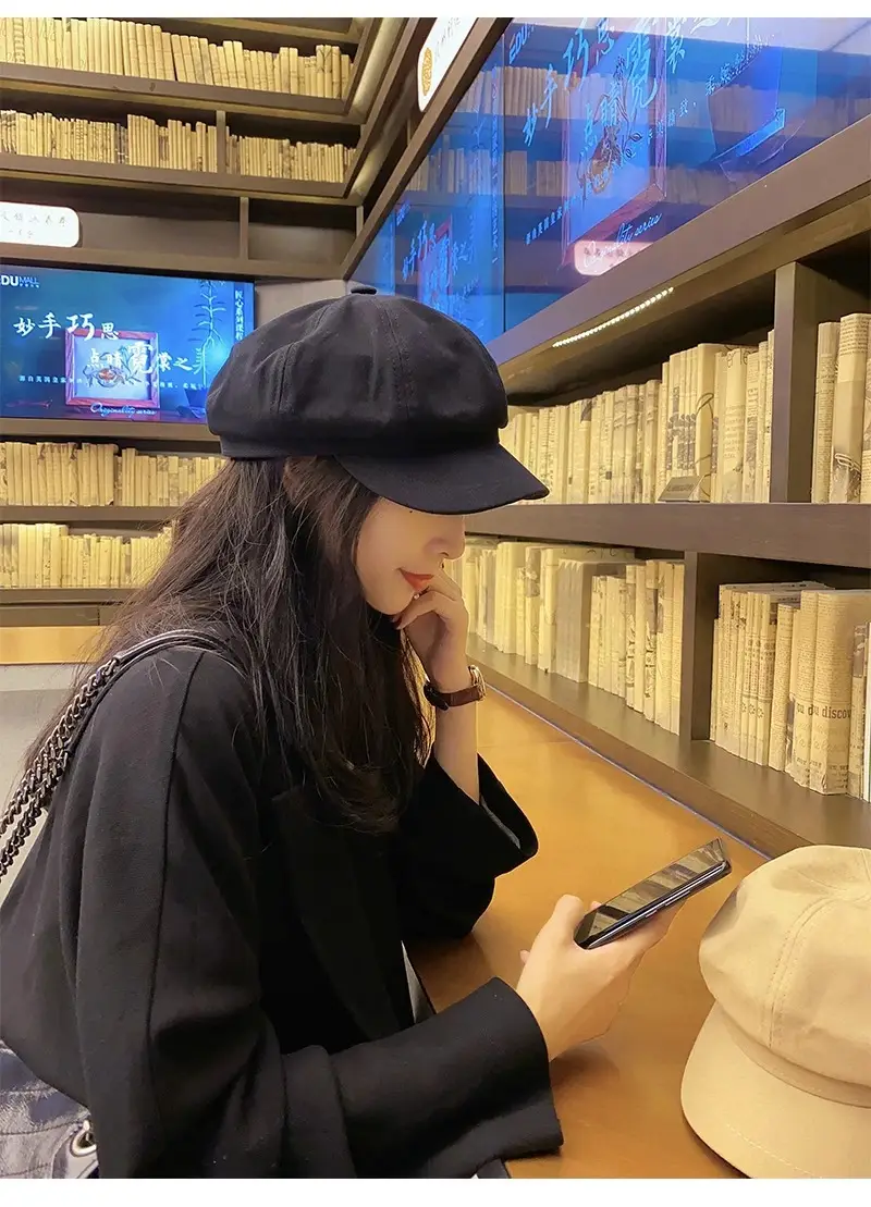 Women British Style Black Octagonal Beret Cap — feature 5