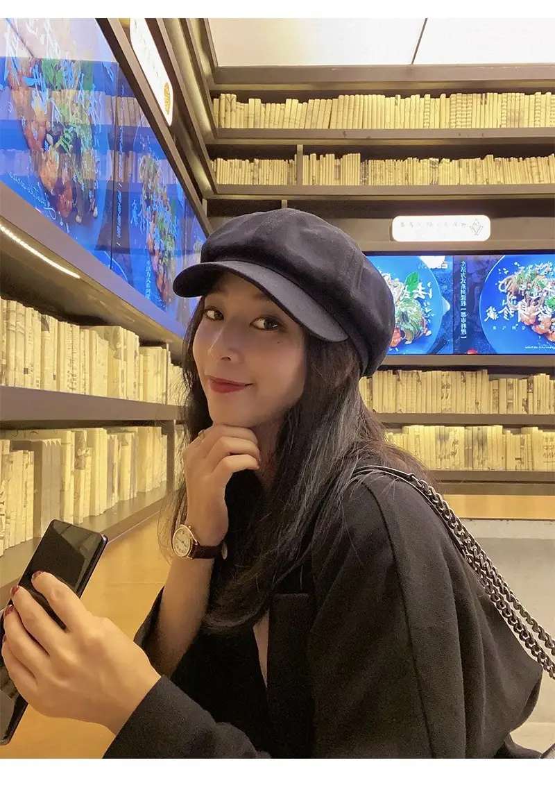 Women British Style Black Octagonal Beret Cap — feature 8