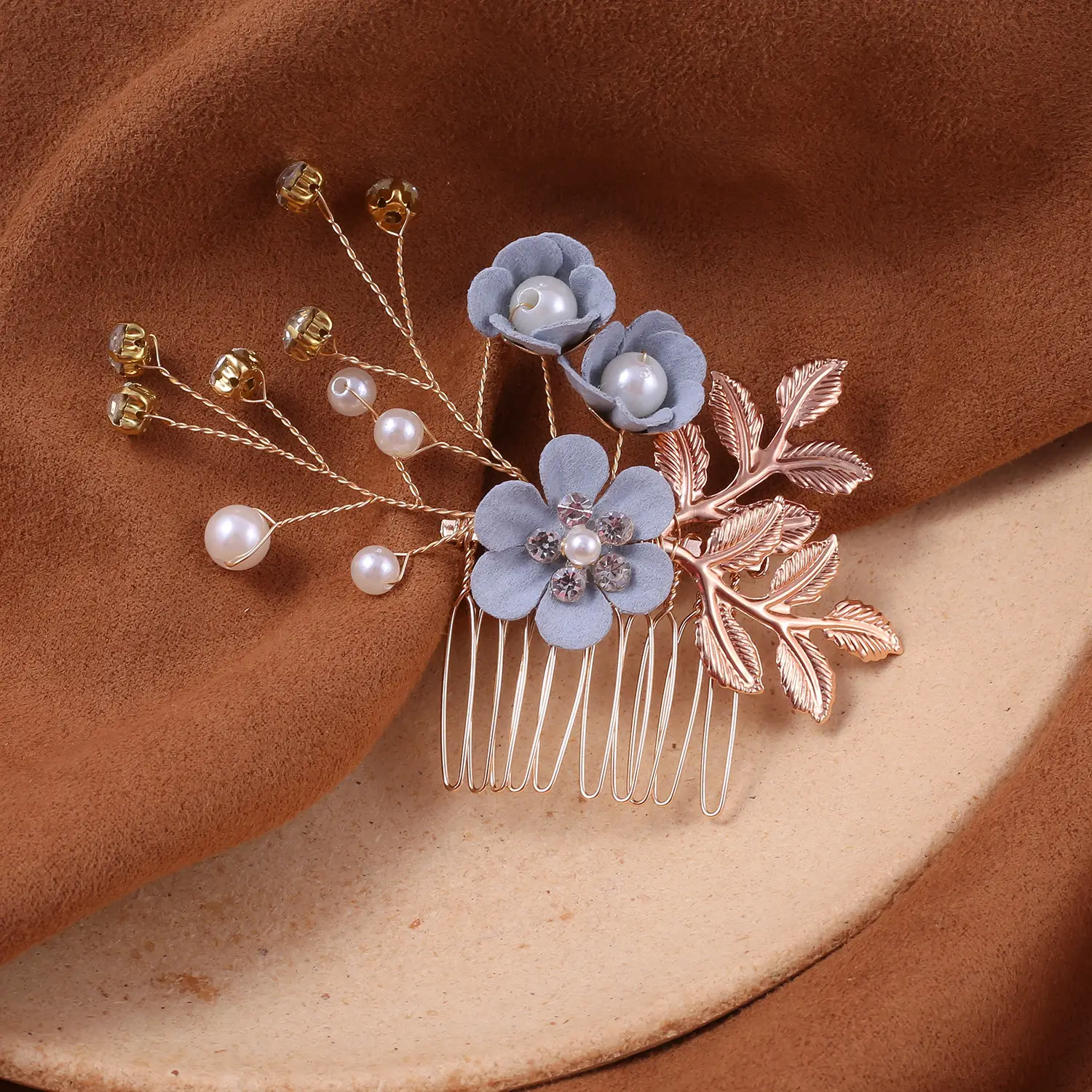 Blue Flower Hair Comb with Pearl Accents - Image 10