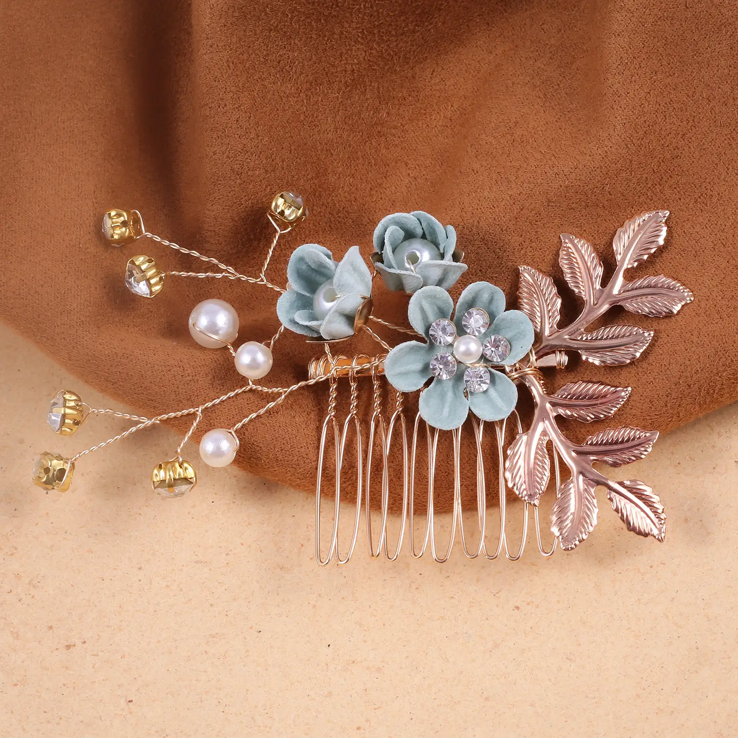 Blue Flower Hair Comb with Pearl Accents - Image 12