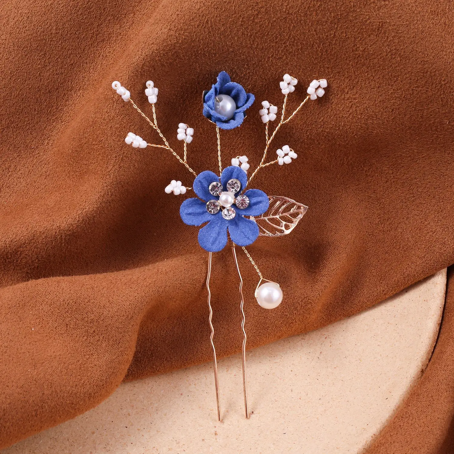 Blue Flower Hair Comb with Pearl Accents - Image 15