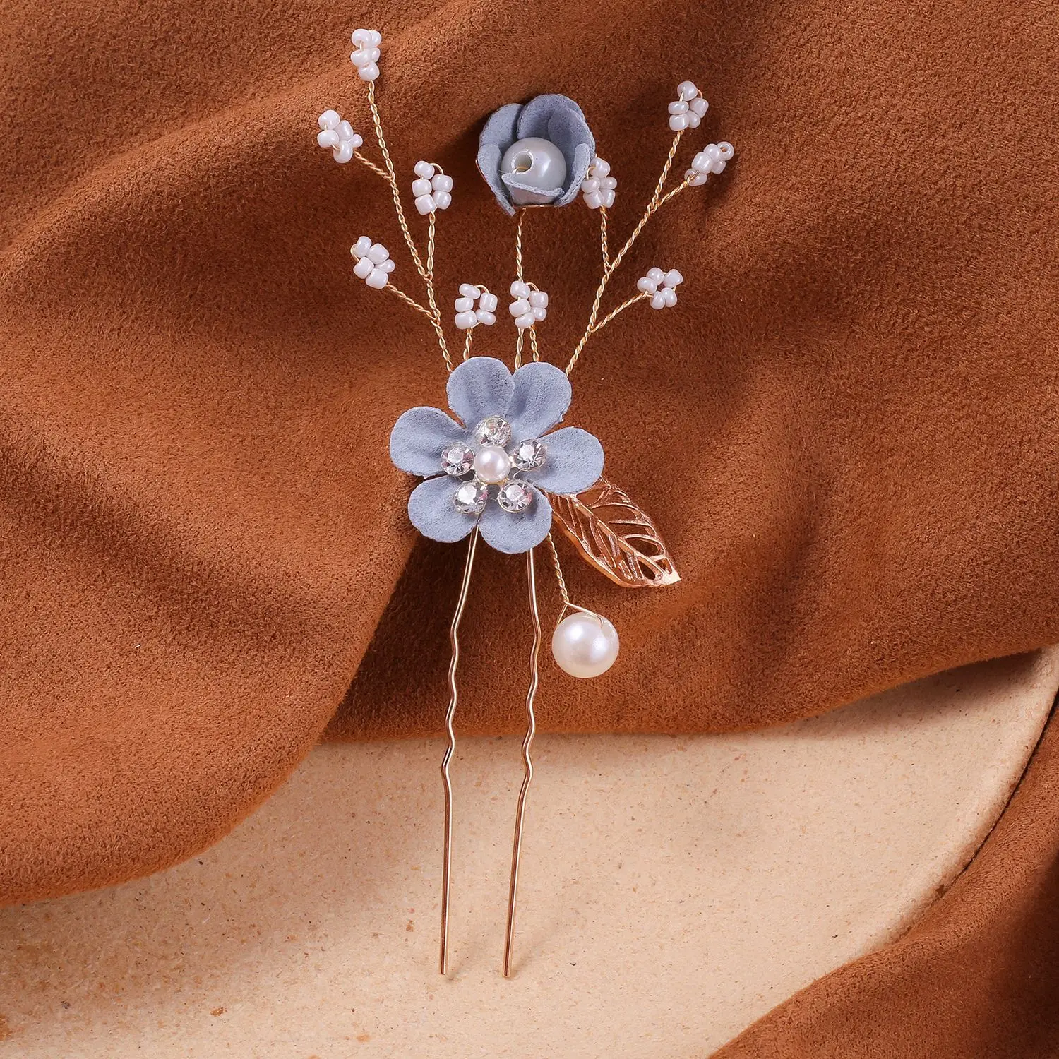 Blue Flower Hair Comb with Pearl Accents - Image 17