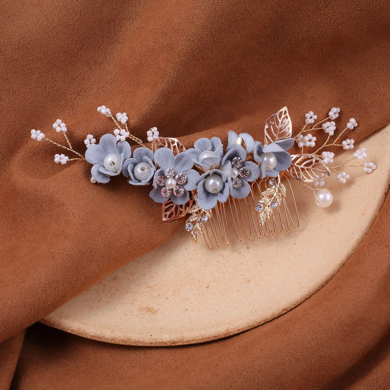 Blue Flower Hair Comb with Pearl Accents - Image 3