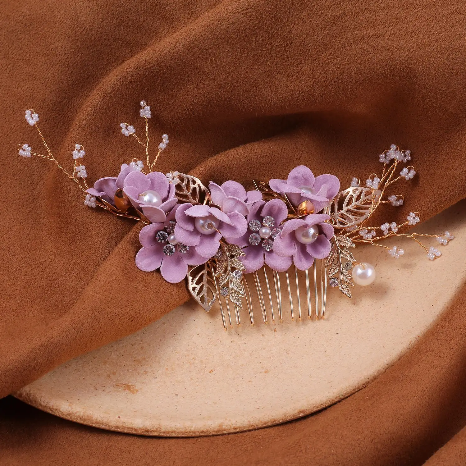 Blue Flower Hair Comb with Pearl Accents - Image 4