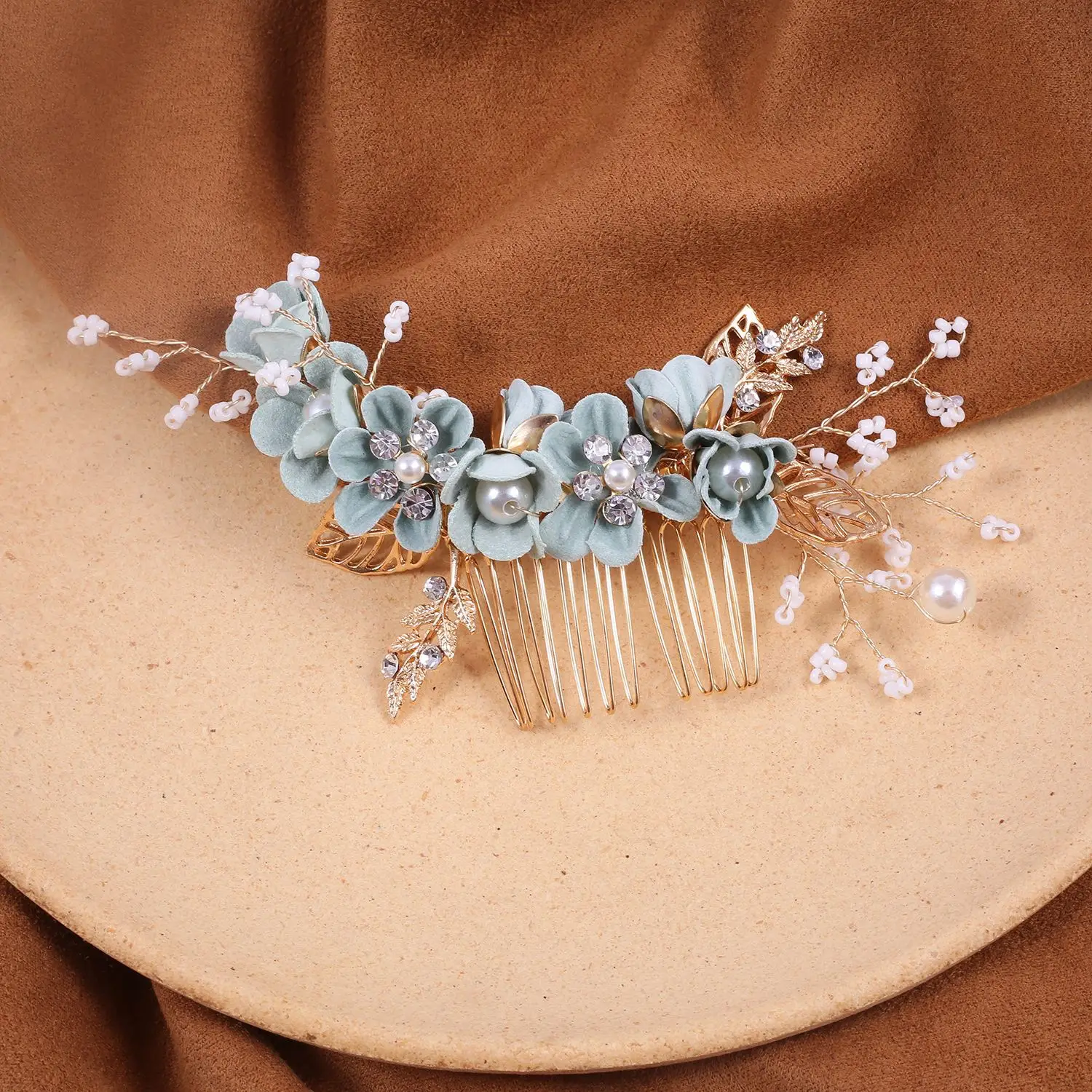 Blue Flower Hair Comb with Pearl Accents - Image 5