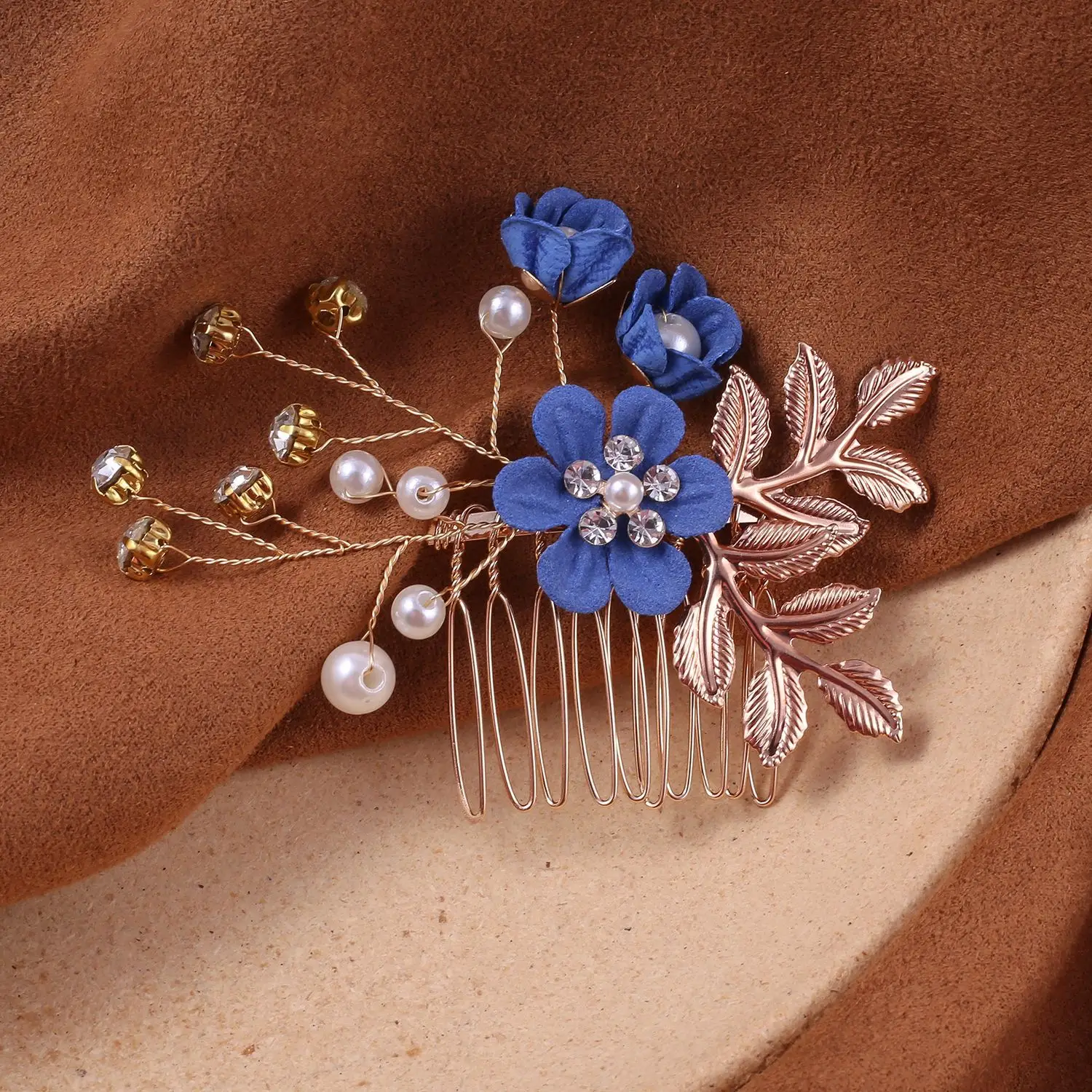 Blue Flower Hair Comb with Pearl Accents - Image 8