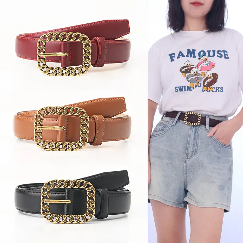 Women Black Leather Chain Belt with Gold Buckle - Image 6